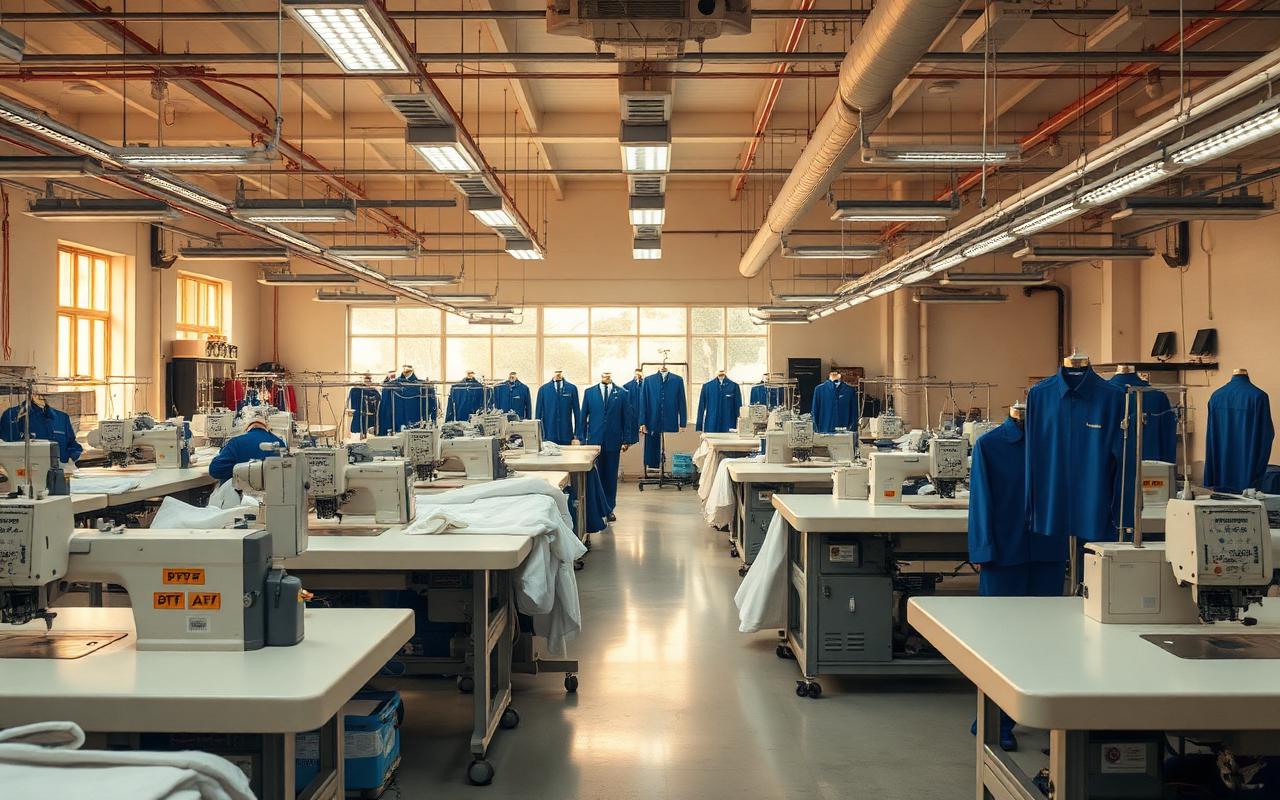 Fábrica da Viés Uniformes com máquinas industriais